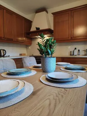 a table with blue and white plates on it at House IZI - parking, garden, 8 min ride to center in Maribor