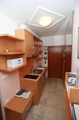 a small kitchen with wooden cabinets and a sink at Vila Krivec in Bled