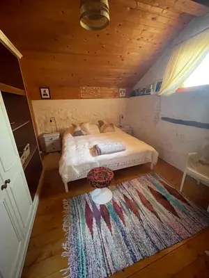 a bedroom with a bed and a rug at Nadiza Hilltop Retreat in Breginj