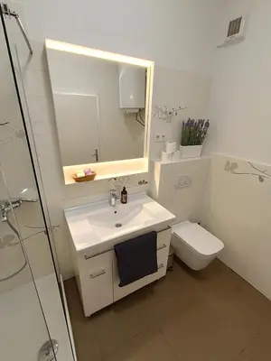 a bathroom with a sink and a toilet and a mirror at Two-bedroom city apartment in Ljubljana