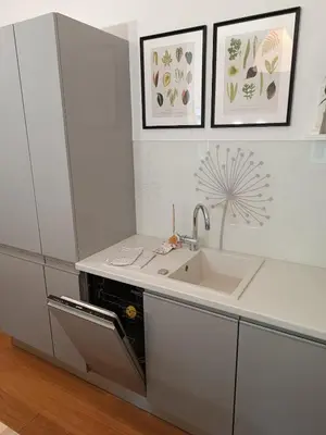 a kitchen with a sink and two pictures on the wall at Two-bedroom city apartment in Ljubljana