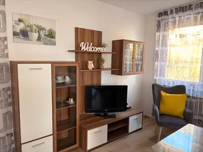 a living room with a tv and a chair at Apartments Rupnik in Bovec