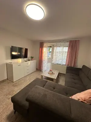 a living room with a couch and a flat screen tv at Apartments Harmony Joe in Radenci