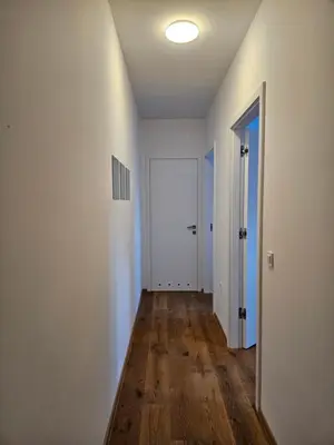 an empty hallway with a white door and wooden floors at Sunny AP22 in Bovec