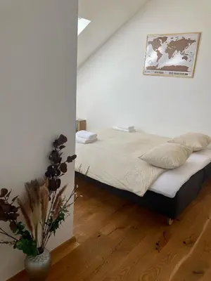 a bedroom with a bed with a vase on the floor at Sunny AP22 in Bovec