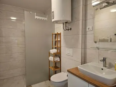 a bathroom with a sink and a toilet and a mirror at Sunny AP22 in Bovec