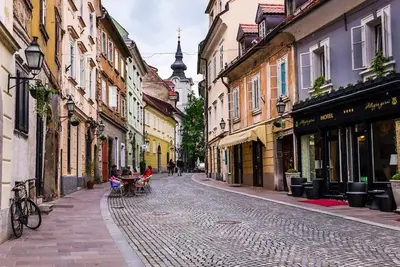 a cobblestone street in a city with buildings at A precious apartment in Ljubljana in Ljubljana
