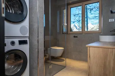 a bathroom with a washing machine and a toilet at Vila Klif vacation home with sauna and terrace in Cerklje na Gorenjskem