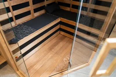 an inside view of a sauna in a room at Vila Klif vacation home with sauna and terrace in Cerklje na Gorenjskem