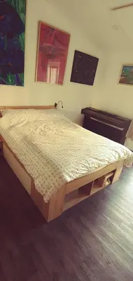 a bed in a room with a wooden frame at Dom AteLJe in Ljubljana