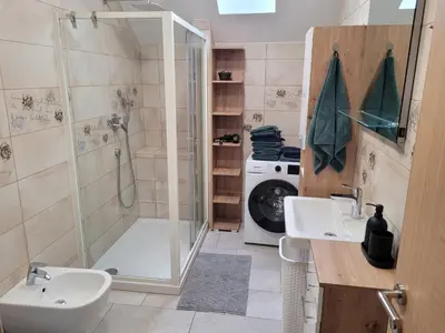 a bathroom with a shower sink and a washing machine at Kranj Leisure Apartment in Kranj