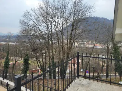 a black fence with a tree in the background at Kranj Leisure Apartment in Kranj