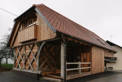 a large wooden building with a roof at Guesthouse Novak -Modern Barn Loft in Dvor