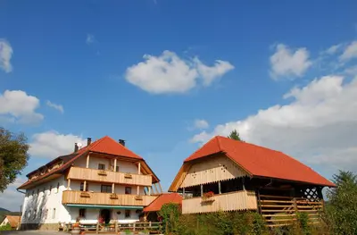 a large building with a red roof next to a house at Guesthouse Novak -Modern Barn Loft in Dvor