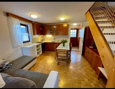 a kitchen and living room with a table and chairs at Terme Čatež apartma Maestro in Čatež ob Savi