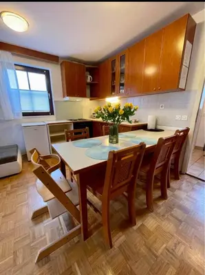 a kitchen with a table with chairs and a vase of flowers at Terme Čatež apartma Maestro in Čatež ob Savi