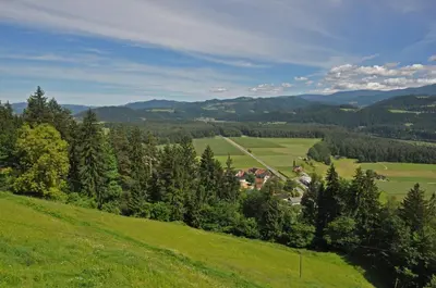 a green hillside with houses and trees in a field at Apartments MM in Muta