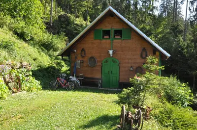 a small house with a green door in a yard at Apartments MM in Muta