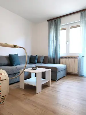 a living room with a couch and a table at Apartma Vodrice in Slappe dʼIdria