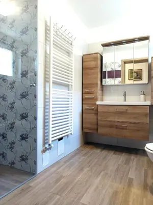 a bathroom with a shower and a sink at Apartma Vodrice in Slappe dʼIdria