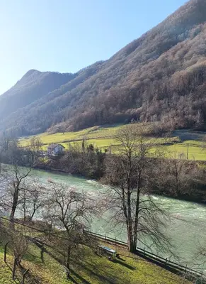 a view of a river with trees and a mountain at Apartma Vodrice in Slappe dʼIdria
