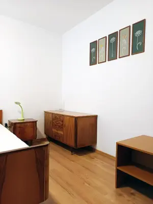 a room with two wooden cabinets and a white wall at Apartma Vodrice in Slappe dʼIdria
