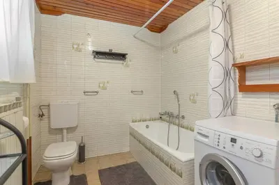 a bathroom with a toilet and a washing machine at Cozy 3BR Alpine House in Gozd Martuljek