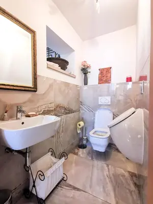 a bathroom with a white sink and a toilet at Geratičevo in Lovrenc na Pohorju