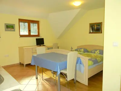 a bedroom with a table and a bed and a desk at Tourist farm Kolar in Ljubno