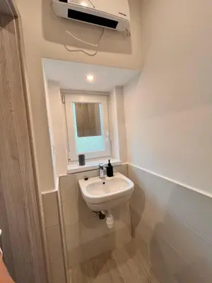 a small bathroom with a sink and a window at Apartment Bon Voyage II in Maribor