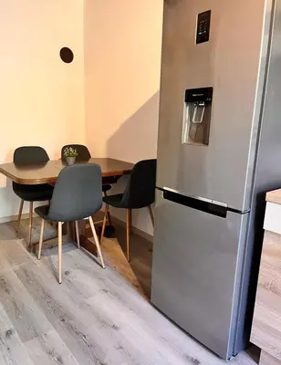 a kitchen with a refrigerator and a table with chairs at Apartment Bon Voyage II in Maribor