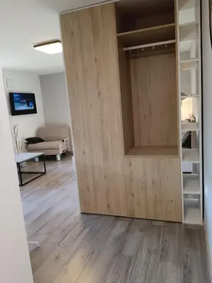 a large wooden door in a room with a living room at Apartma dolgi most in Ljubljana