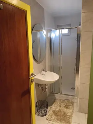 a bathroom with a sink and a shower at Apartma dolgi most in Ljubljana