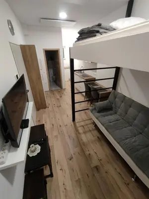 a living room with a bunk bed and a couch at apartma Pohorc - Praprot in Pohorje