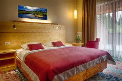a hotel room with a large bed and a window at Hotel Natura in Zreče