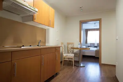 a kitchen with a sink and a table in a room at S Hotel in Maribor