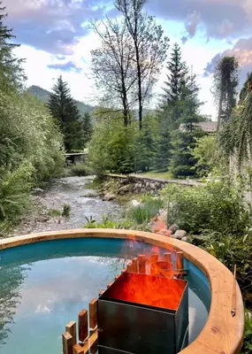 a pool with a fire pit in the middle of a yard at Designer Riverfront Cottage in Podljubelj