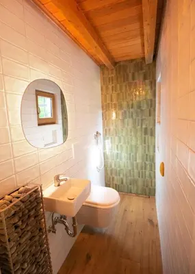 a bathroom with a sink and a toilet and a mirror at Designer Riverfront Cottage in Podljubelj