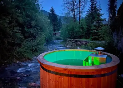 a barrel hot tub in the middle of a river at Designer Riverfront Cottage in Podljubelj