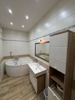 a bathroom with a bath tub and a sink at Apartma Vila De Casa in Ribnica