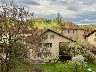 a group of buildings in a city with trees at Colorful Central Apartment in Maribor in Maribor