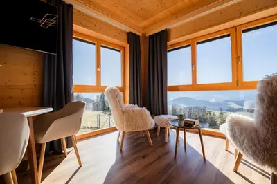 a room with chairs and a table and windows at Studio Wild Park Panorama with Hot tub and Sauna in Tolsti Vrh pri Ravnah naKoroškem