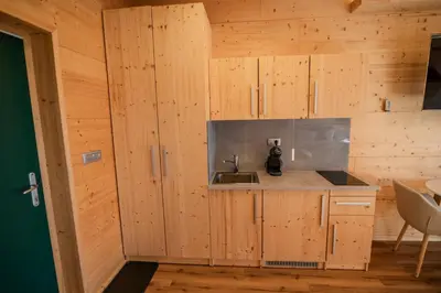a kitchen with wooden cabinets and a sink at Studio Wild Park Panorama with Hot tub and Sauna in Tolsti Vrh pri Ravnah naKoroškem