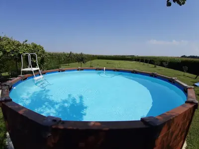 a large pool with a basketball hoop in a yard at Apartments Isabella in Ptuj