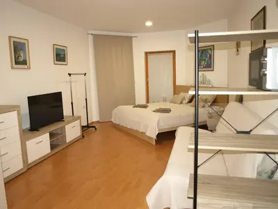 a bedroom with a bed and a tv and a couch at Apartament VISOTA in Ptuj