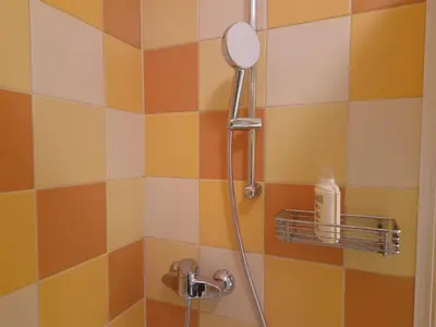 a bathroom with a shower with a mirror and a sink at Heart of Ljubljana with free parking in Ljubljana