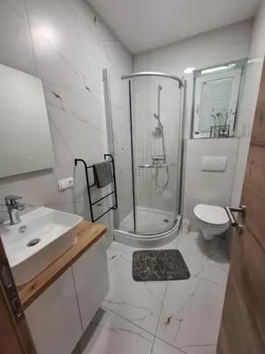 a bathroom with a shower and a toilet and a sink at Apartma Pohorc - Macesen in Pohorje