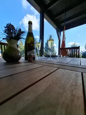 a wooden table with two glasses and a bottle of wine at Apartma Pohorc - Macesen in Pohorje