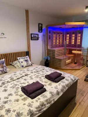 a bedroom with a bed with two pillows on it at Wellness soba Skriti raj Banovci in Banovci