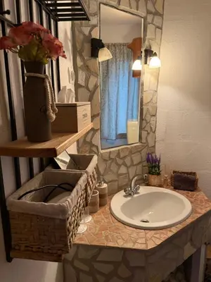 a bathroom counter with a sink and a mirror at Wellness soba Skriti raj Banovci in Banovci